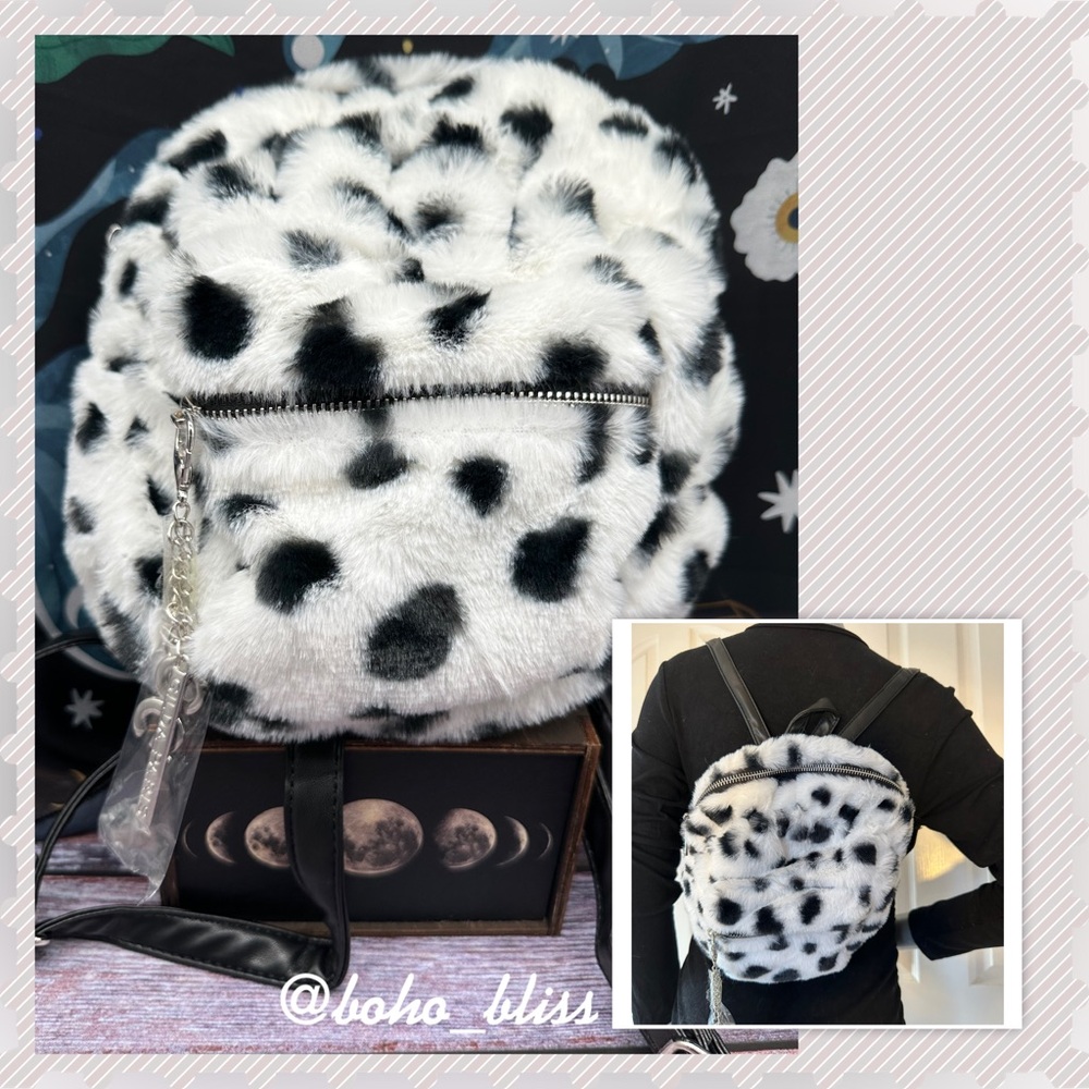 GILDA PARIS | Plush Fur Animal Print Spotted Mini Backpack with Charms NWT